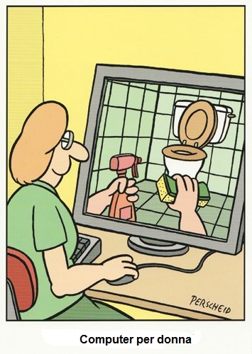 vignetta di donna a computer che, mouse in mano, pretende di azionare spugna e detersivo per pulire il water-closed