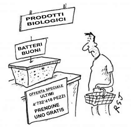 Un uomo perplesso nei prodotti biologici di un market legge su un enorme recipiente coperto [batteri buoni