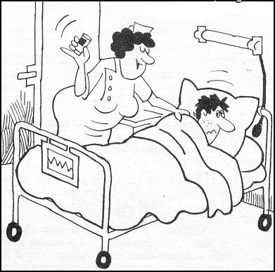 Vignetta. In ospedale un uomo sta dormendo saporitamente, nel frattempo arriva un'infermiera col sonnifero in mano e fa:
