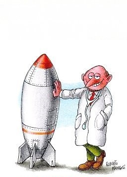 Vignetta. Medico con la mano appoggiata ad una suppostona a mo'di missile ad altezza d'uomo.